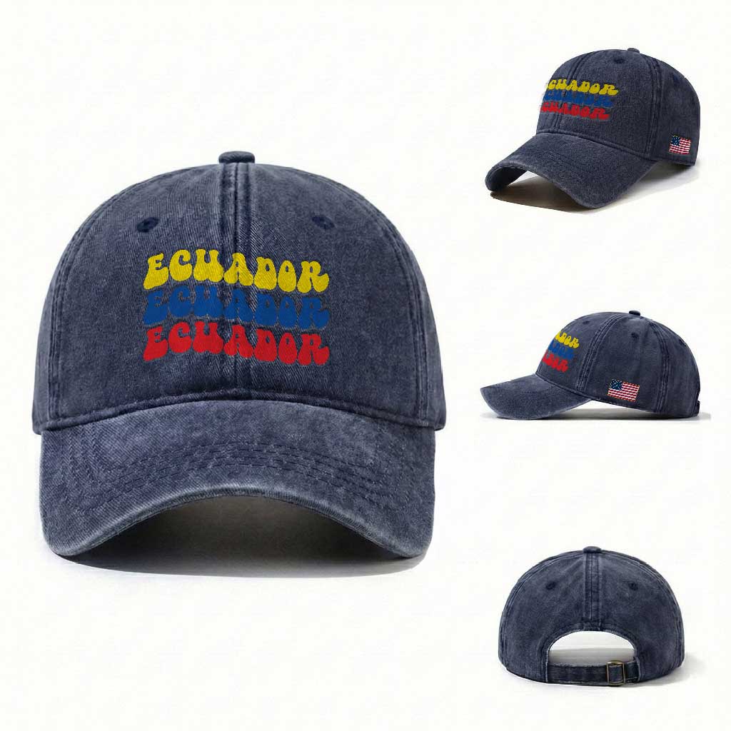 Retro Groovy Ecuador Washed Cotton Baseball Cap Proud Ecuadorian Heritage TS12 Washed Cap Universal Fit Navy Print Your Wear