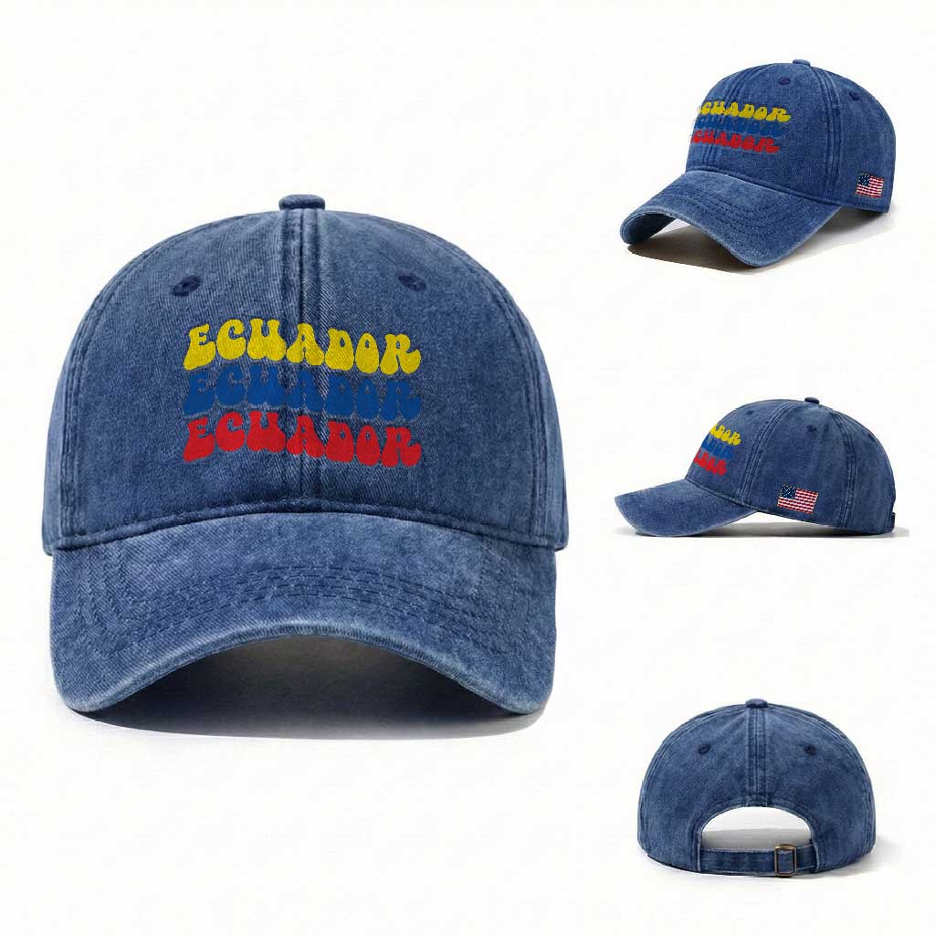 Retro Groovy Ecuador Washed Cotton Baseball Cap Proud Ecuadorian Heritage TS12 Washed Cap Universal Fit Royal Blue Print Your Wear