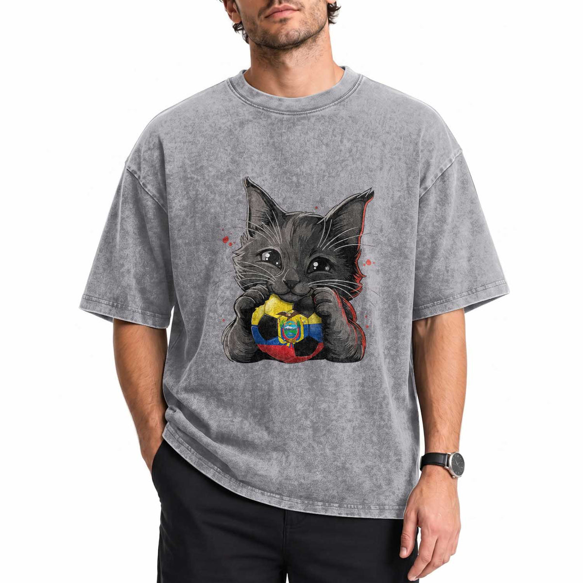 Ecuador Black Cat Soccer Game Day Washed Cotton T-Shirt Cat Lover Gift