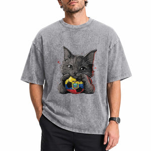 Ecuador Black Cat Soccer Game Day Washed Cotton T-Shirt Cat Lover Gift