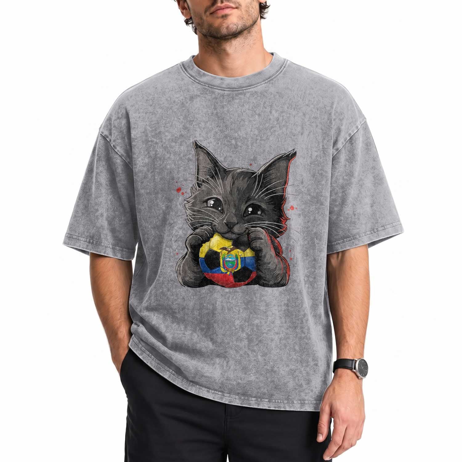 Ecuador Black Cat Soccer Game Day Washed Cotton T-Shirt Cat Lover Gift