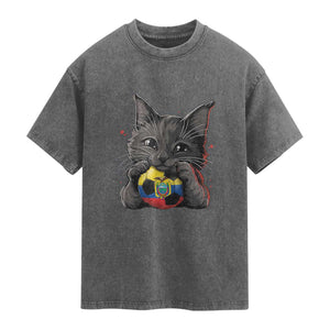 Ecuador Black Cat Soccer Game Day Washed Cotton T-Shirt Cat Lover Gift