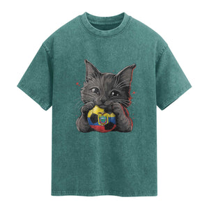 Ecuador Black Cat Soccer Game Day Washed Cotton T-Shirt Cat Lover Gift
