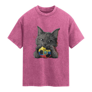 Ecuador Black Cat Soccer Game Day Washed Cotton T-Shirt Cat Lover Gift