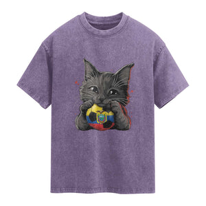 Ecuador Black Cat Soccer Game Day Washed Cotton T-Shirt Cat Lover Gift