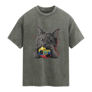 Ecuador Black Cat Soccer Game Day Washed Cotton T-Shirt Cat Lover Gift