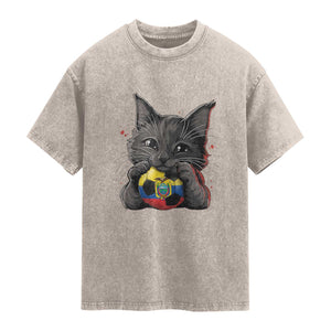 Ecuador Black Cat Soccer Game Day Washed Cotton T-Shirt Cat Lover Gift