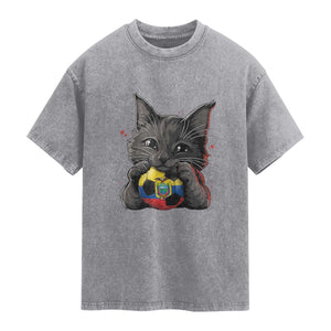 Ecuador Black Cat Soccer Game Day Washed Cotton T-Shirt Cat Lover Gift