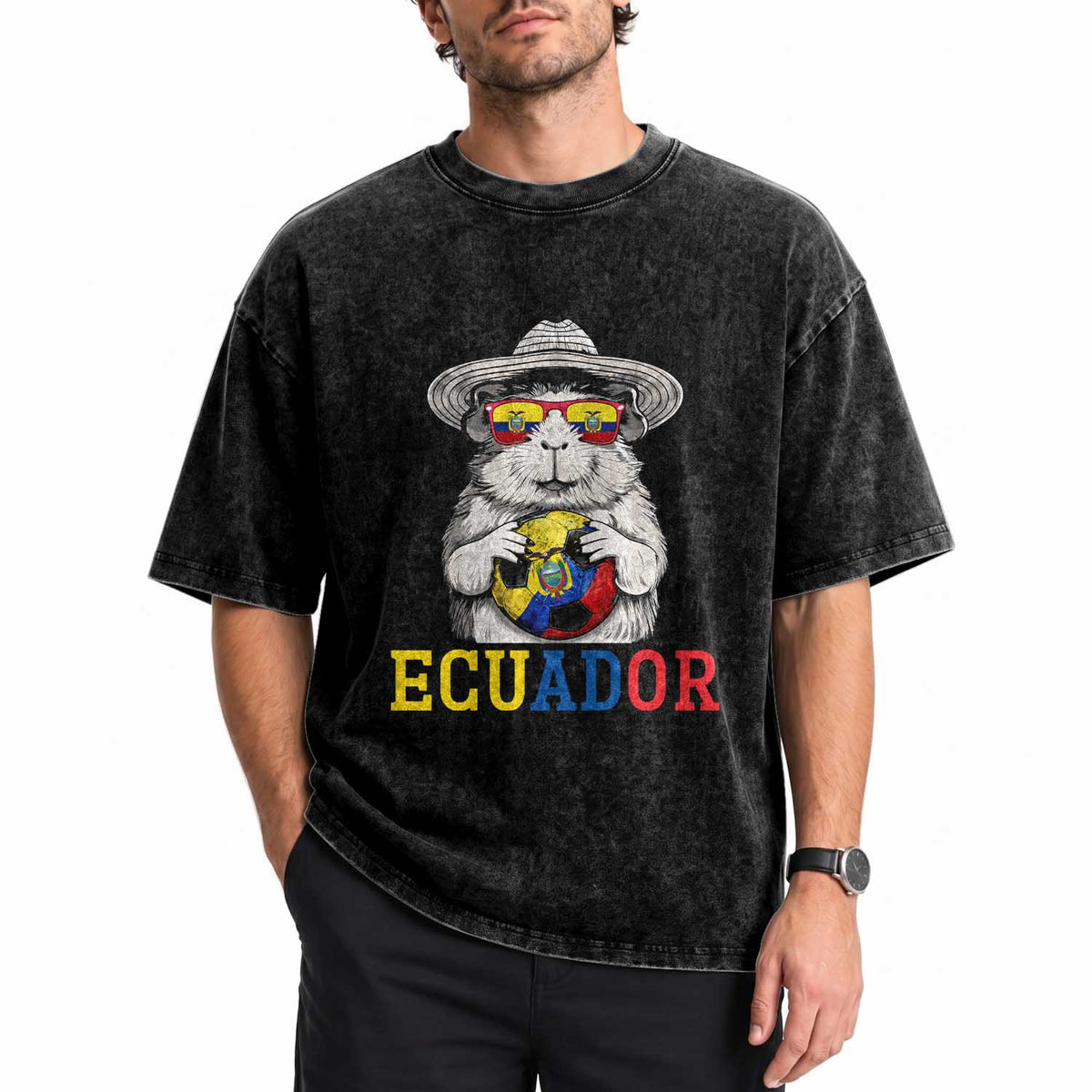 Funny Ecuador Guinea Pig Soccer Fan Washed Cotton T-Shirt Cavy Lover Gift
