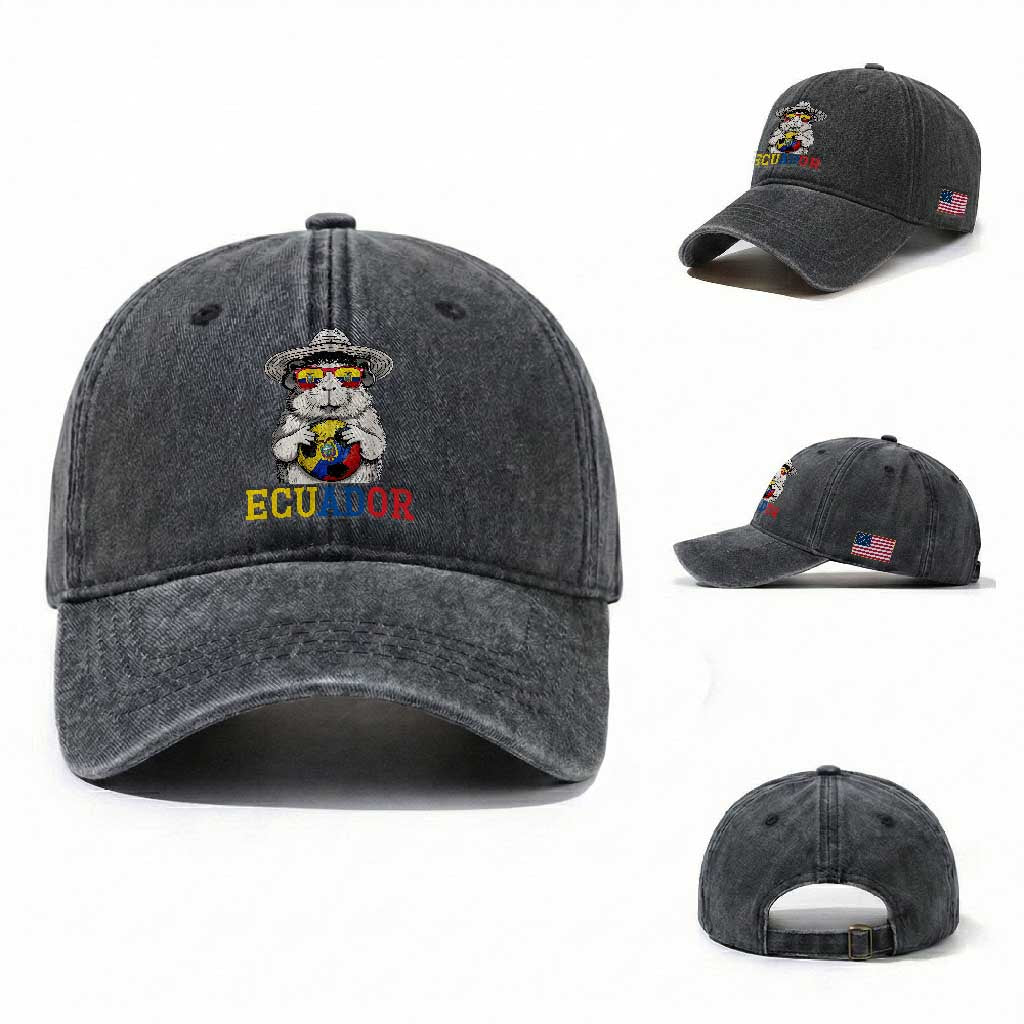 Funny Ecuador Guinea Pig Soccer Fan Washed Cotton Baseball Cap Cavy Lover Gift TS12 Washed Cap Universal Fit Dark Gray Print Your Wear