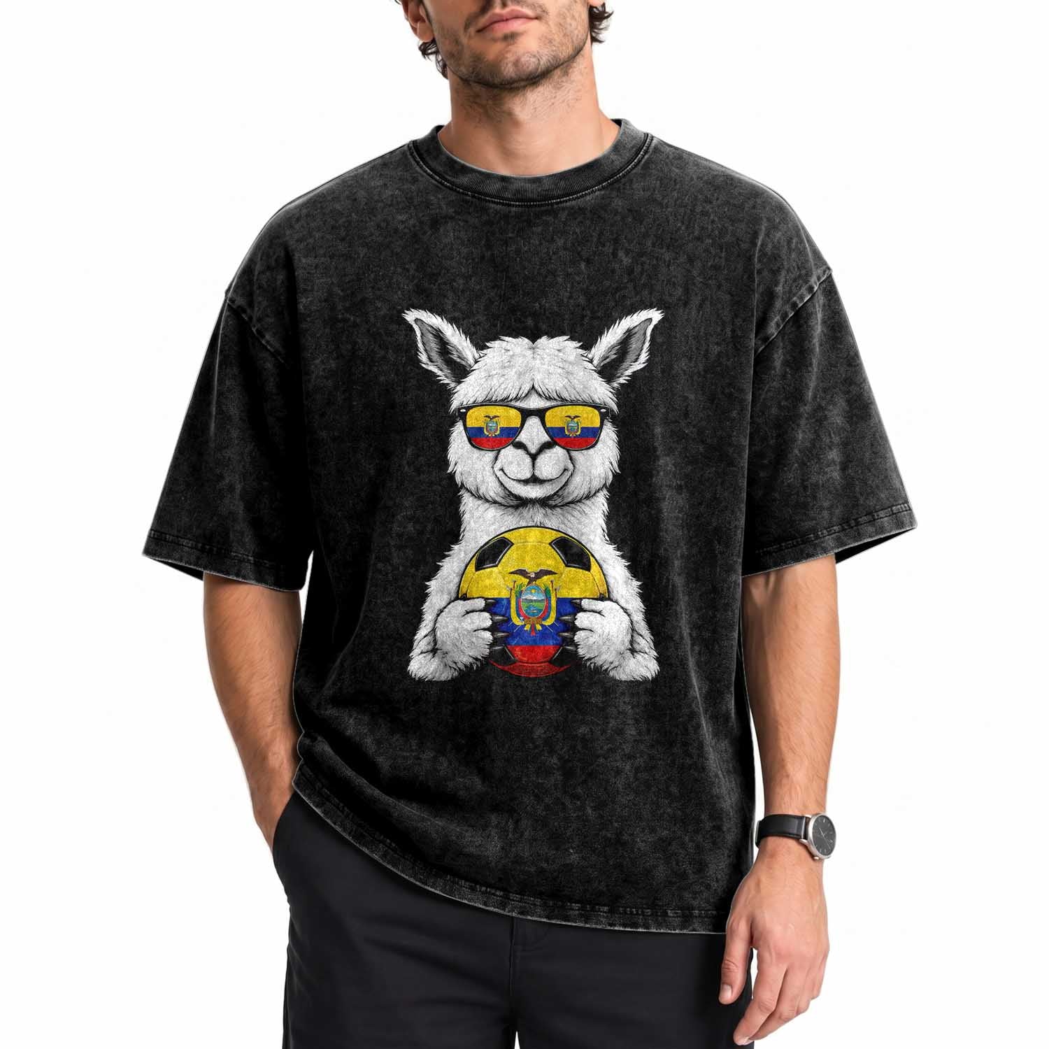Funny Ecuador Alpaca Soccer Lover Washed Cotton T-Shirt South American Pride Gift