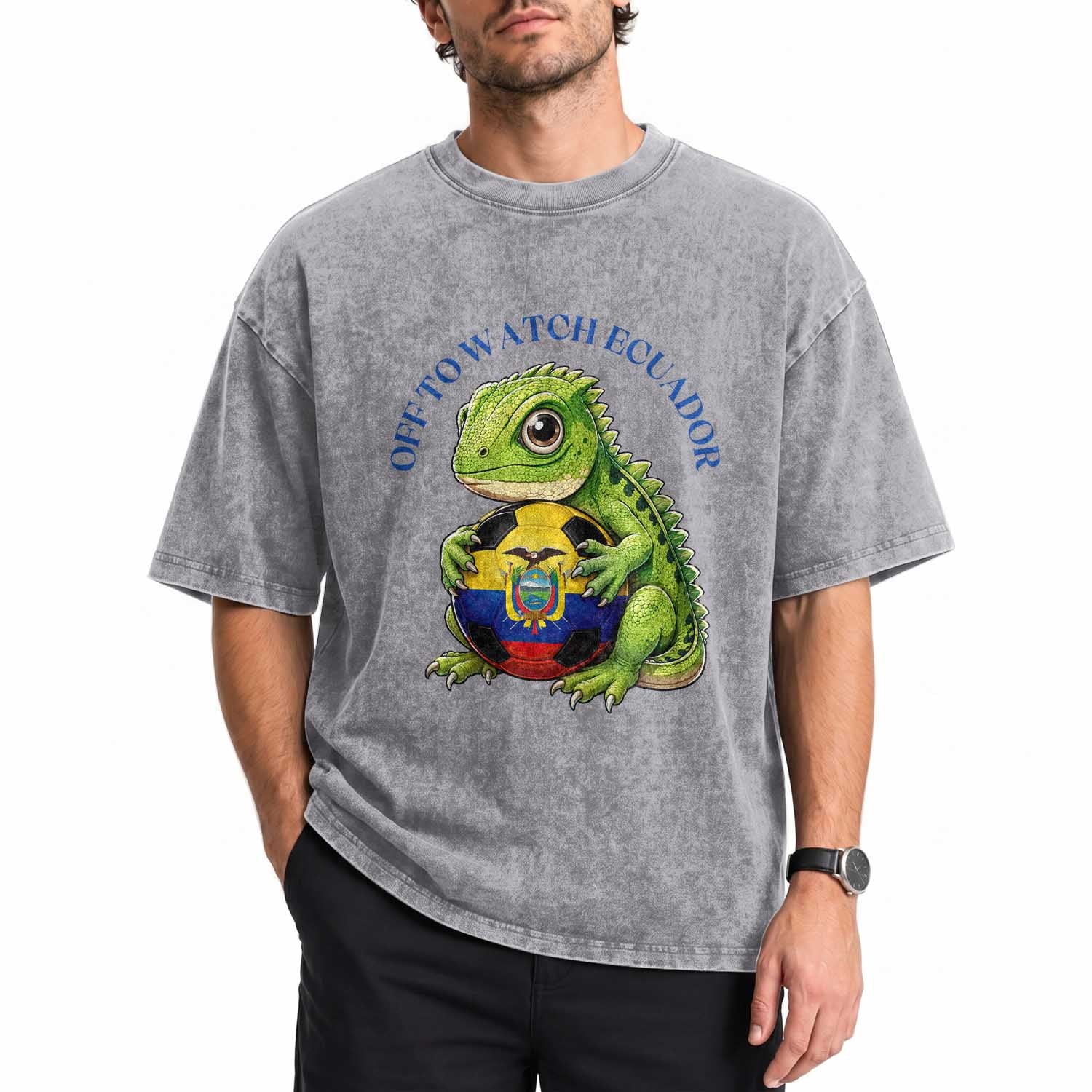 Off To Watch Ecuador Washed Cotton T-Shirt Funny Ecuador Iguana Soccer Fan Gift
