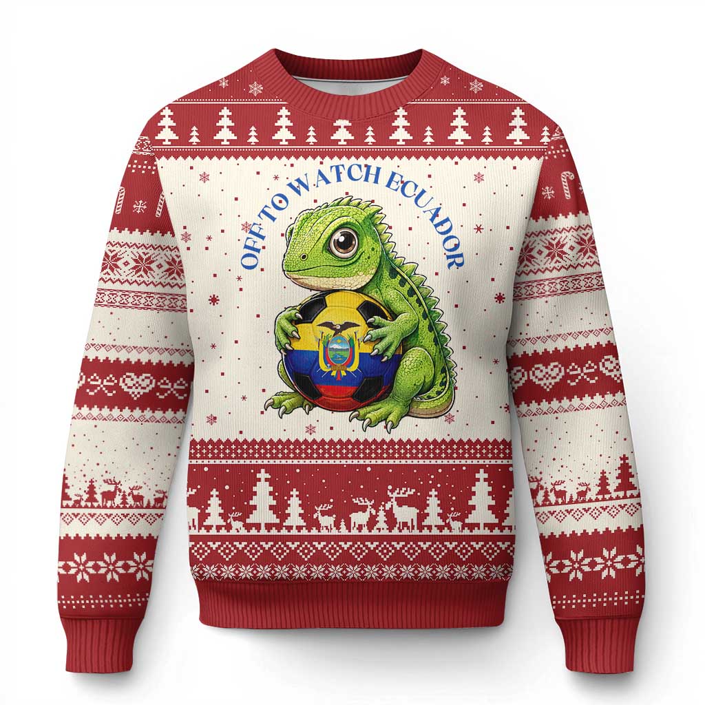 Off To Watch Ecuador Ugly Christmas Sweater Funny Ecuador Iguana Soccer Fan Gift TS12 Beige Red Print Your Wear