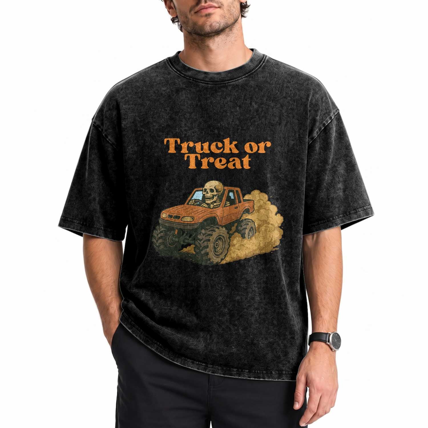 Truck Or Treat Skeleton Racing Washed Cotton T-Shirt Funny Halloween Truck Lover