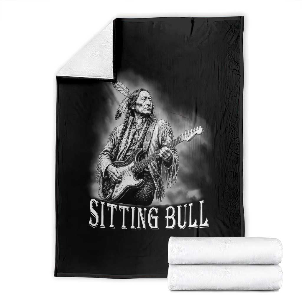 Vintage Sitting Bull Playing Guitar Throw Blanket Cool Native American Rocking Chief Gift