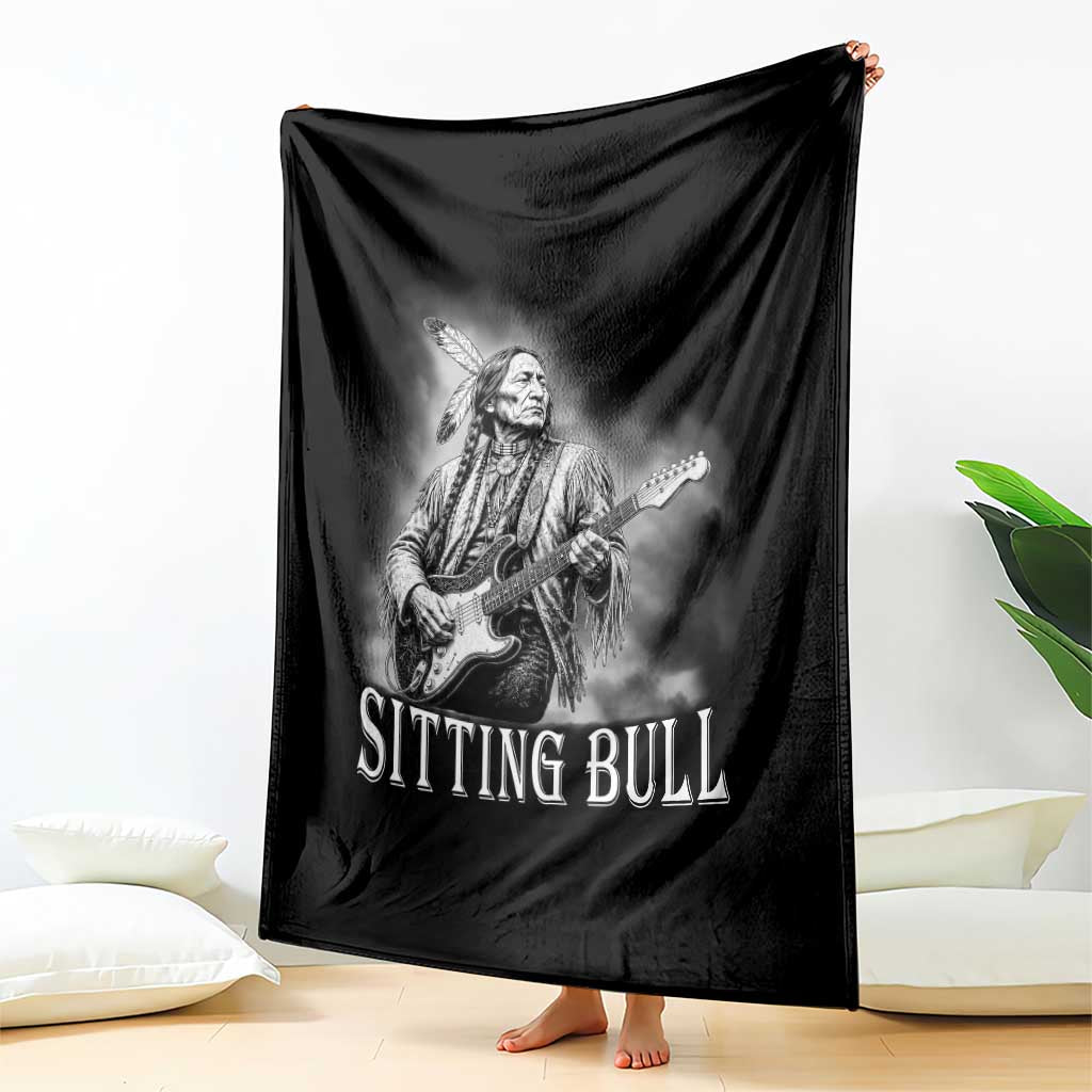 Vintage Sitting Bull Playing Guitar Throw Blanket Cool Native American Rocking Chief Gift