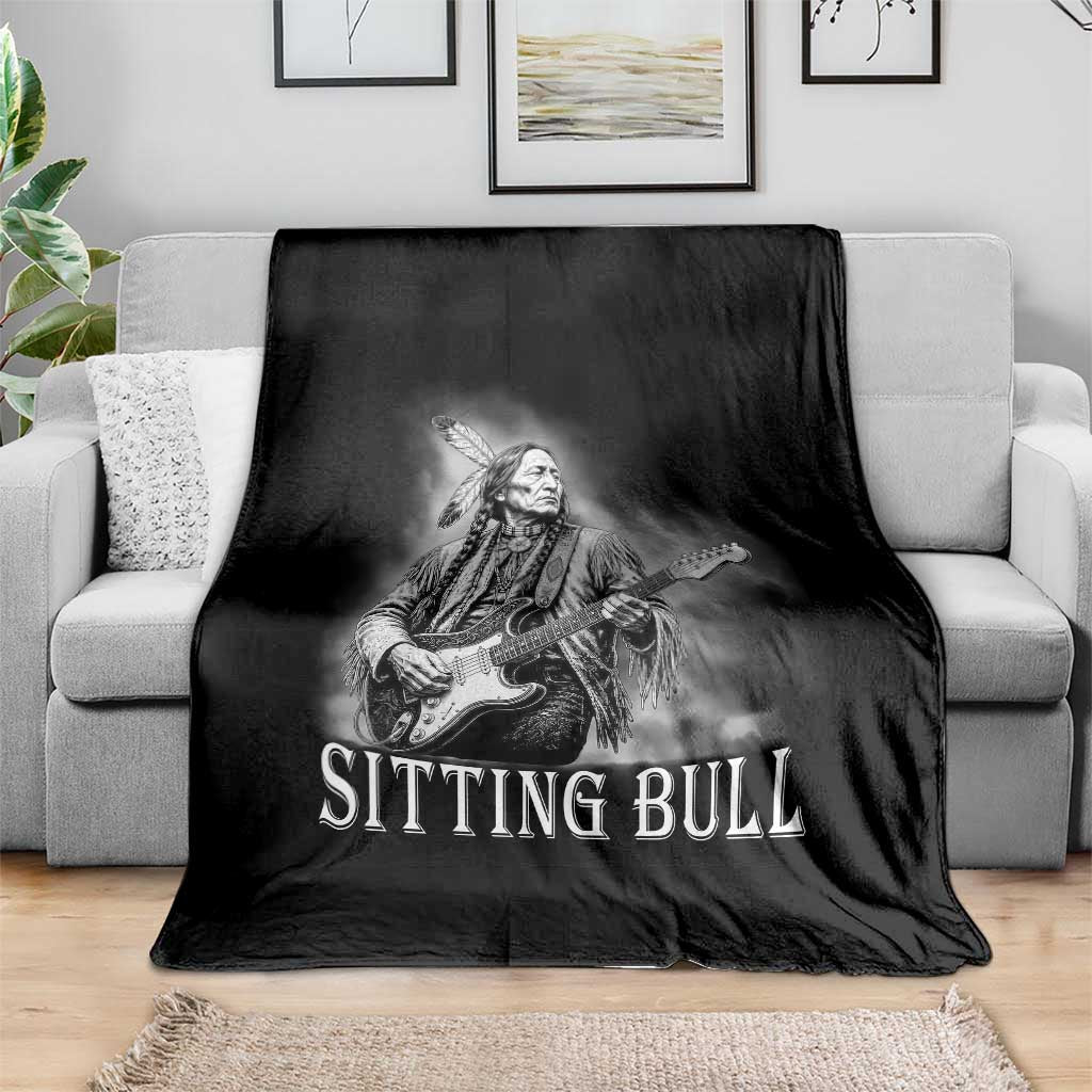 Vintage Sitting Bull Playing Guitar Throw Blanket Cool Native American Rocking Chief Gift