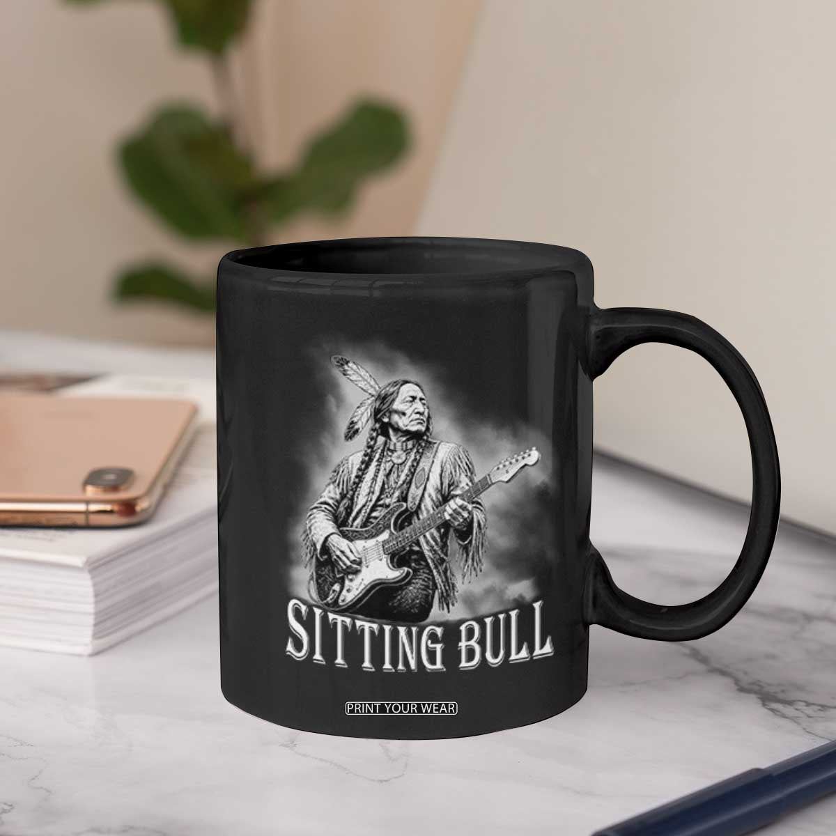 Vintage Sitting Bull Playing Guitar Coffee Mug Cool Native American Rocking Chief Gift