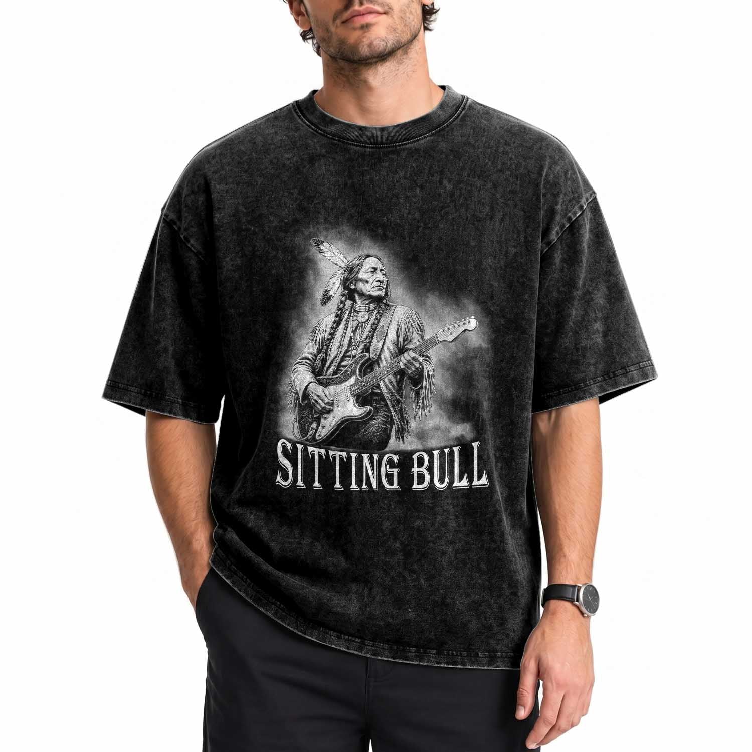 Vintage Sitting Bull Playing Guitar Washed Cotton T-Shirt Cool Native American Rocking Chief Gift
