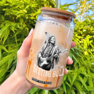 Vintage Sitting Bull Playing Guitar Glass Can Cool Native American Rocking Chief Gift