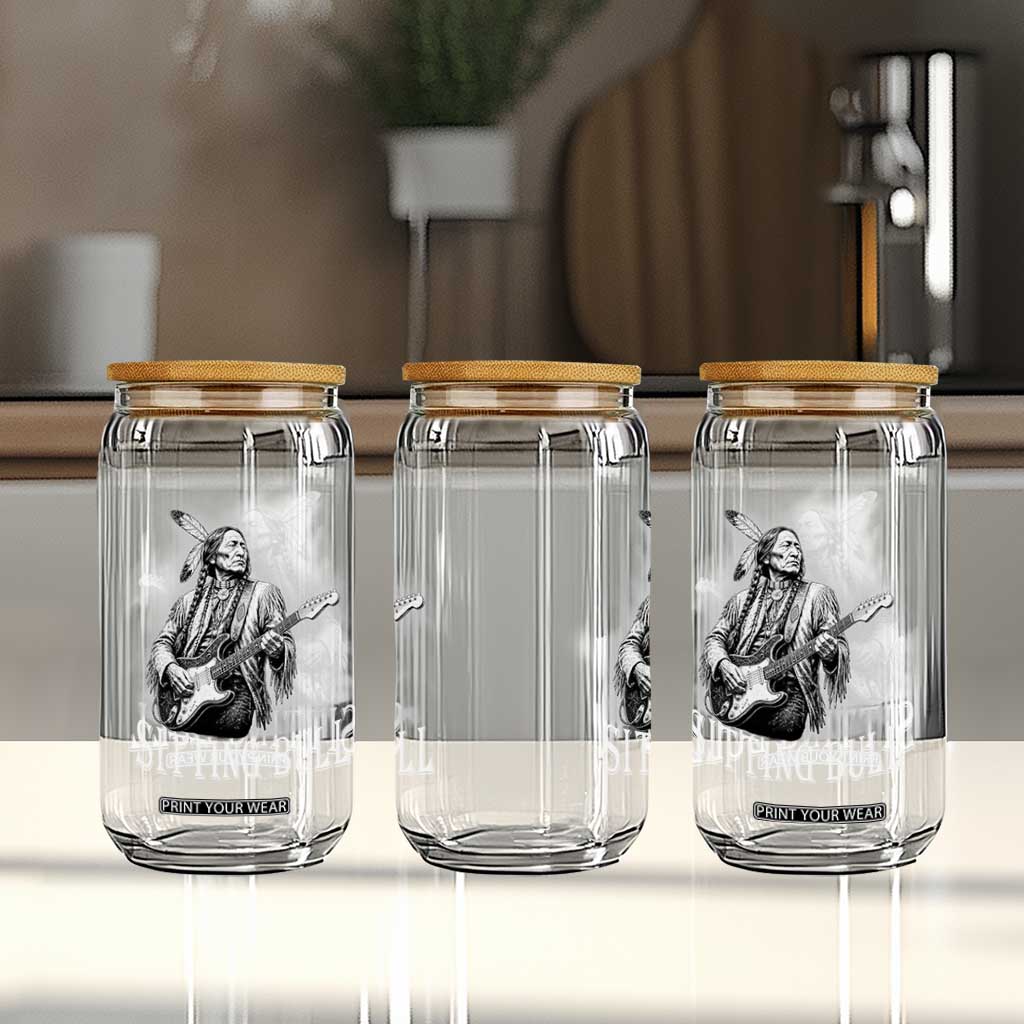 Vintage Sitting Bull Playing Guitar Glass Can Cool Native American Rocking Chief Gift