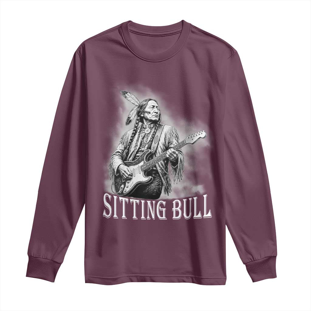 Vintage Sitting Bull Playing Guitar Long Sleeve Shirt Cool Native American Rocking Chief Gift