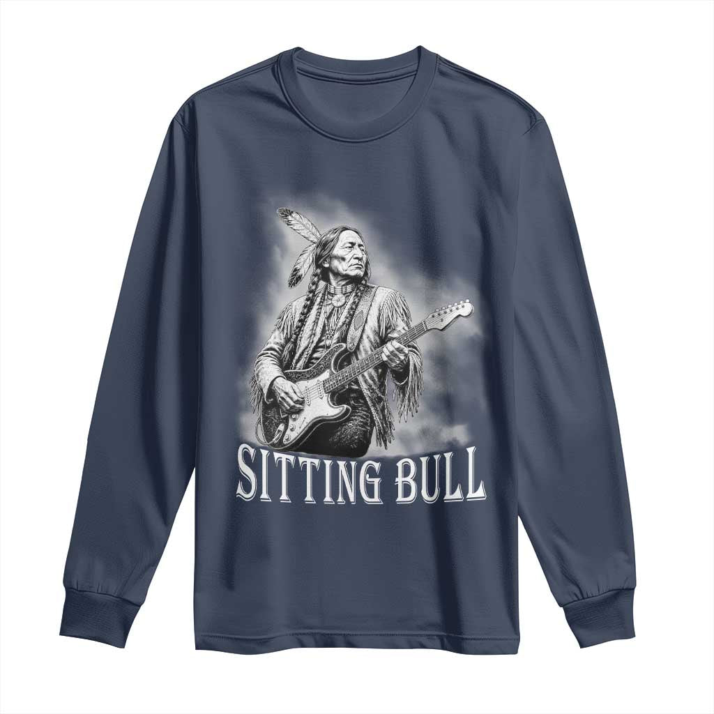 Vintage Sitting Bull Playing Guitar Long Sleeve Shirt Cool Native American Rocking Chief Gift