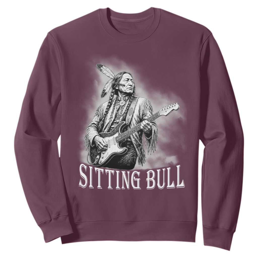 Vintage Sitting Bull Playing Guitar Sweatshirt Cool Native American Rocking Chief Gift