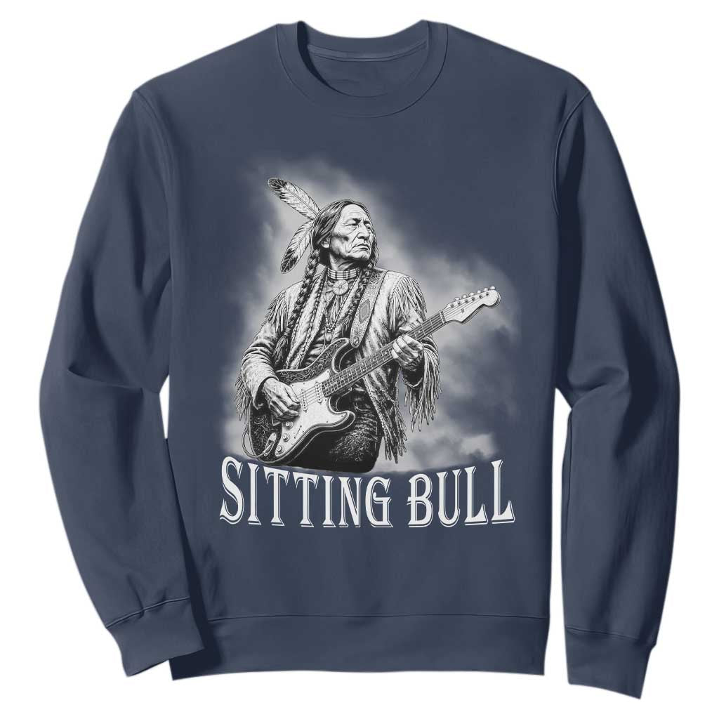 Vintage Sitting Bull Playing Guitar Sweatshirt Cool Native American Rocking Chief Gift