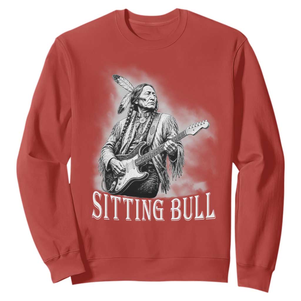 Vintage Sitting Bull Playing Guitar Sweatshirt Cool Native American Rocking Chief Gift