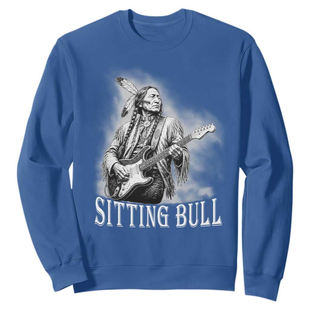 Vintage Sitting Bull Playing Guitar Sweatshirt Cool Native American Rocking Chief Gift