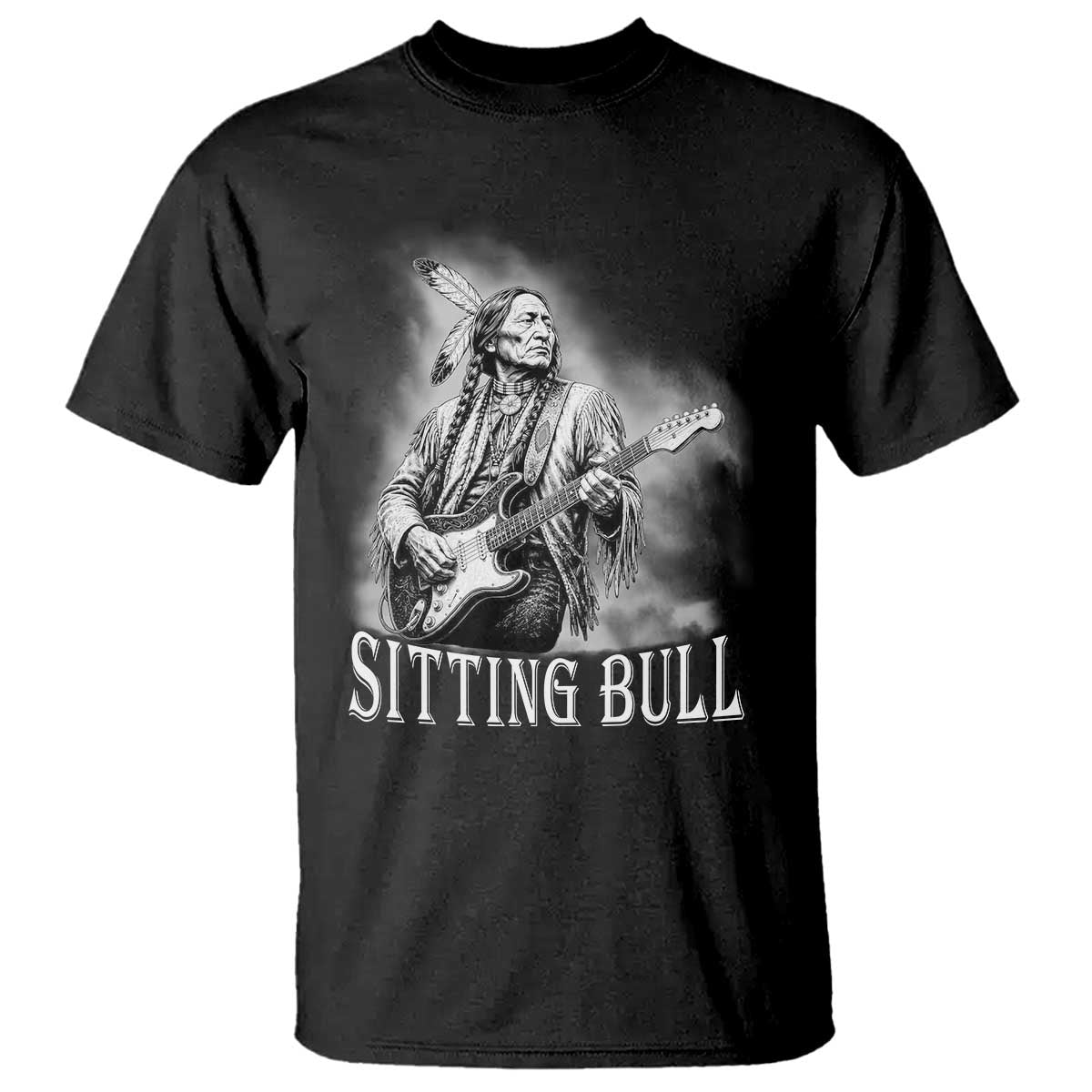Vintage Sitting Bull Playing Guitar T Shirt Cool Native American Rocking Chief Gift
