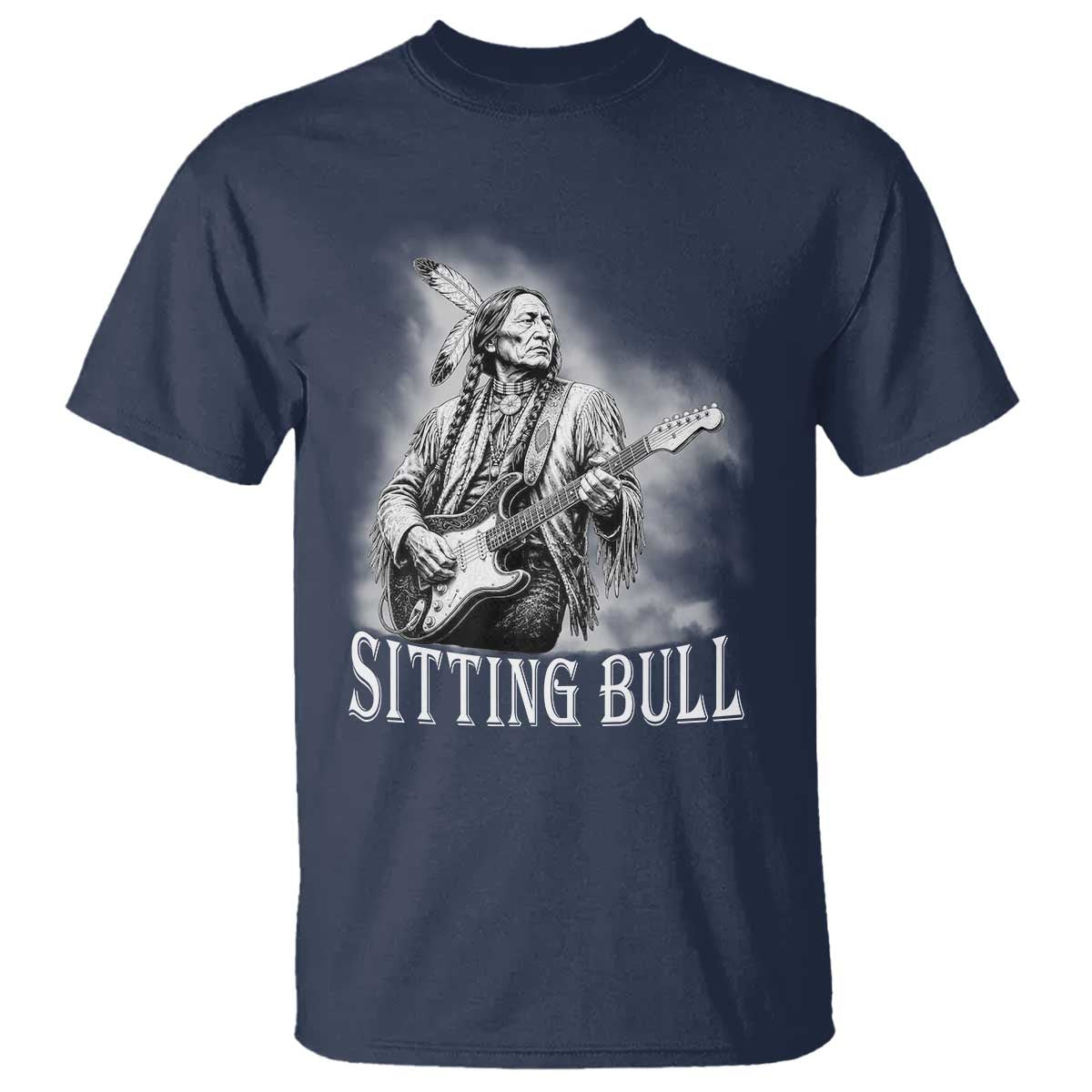 Vintage Sitting Bull Playing Guitar T Shirt Cool Native American Rocking Chief Gift