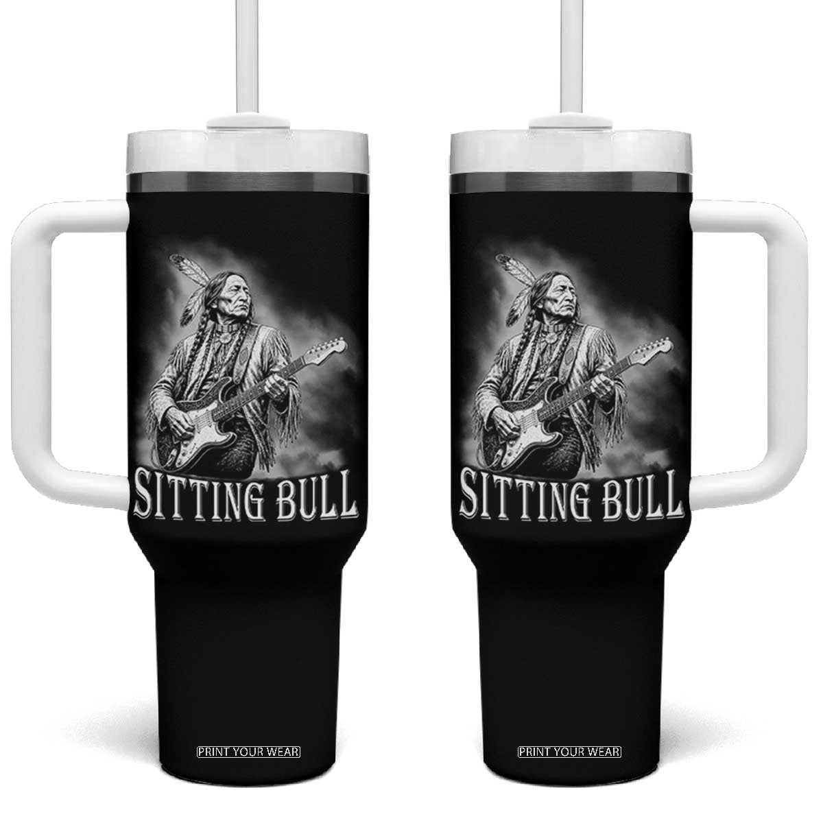 Vintage Sitting Bull Playing Guitar Tumbler With Handle Cool Native American Rocking Chief Gift