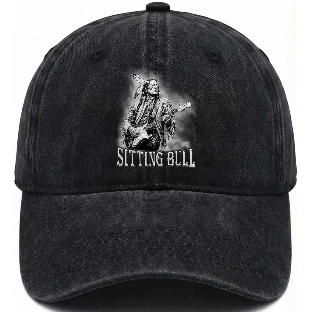 Vintage Sitting Bull Playing Guitar Washed Cotton Baseball Cap Cool Native American Rocking Chief Gift