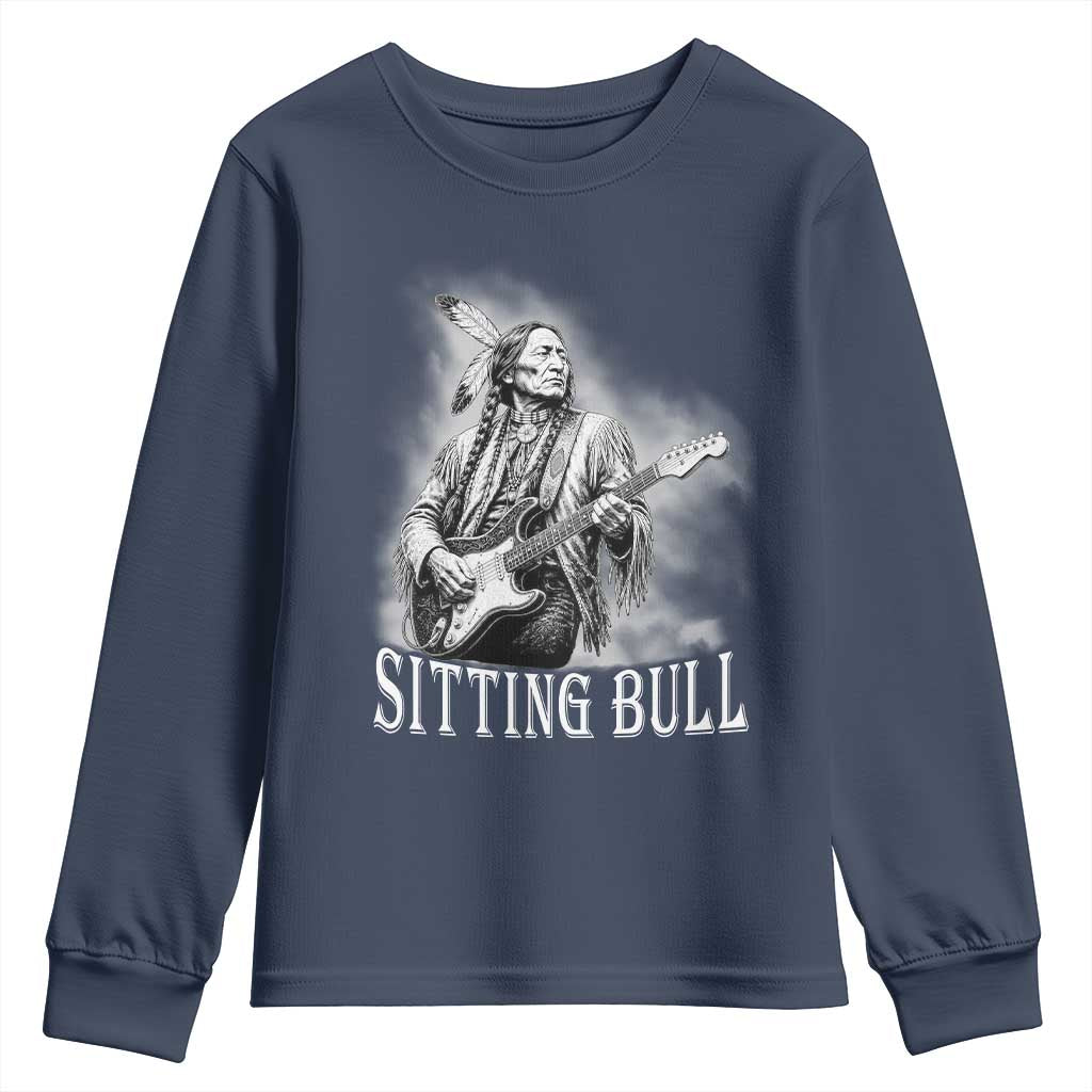 Vintage Sitting Bull Playing Guitar Youth Sweatshirt Cool Native American Rocking Chief Gift