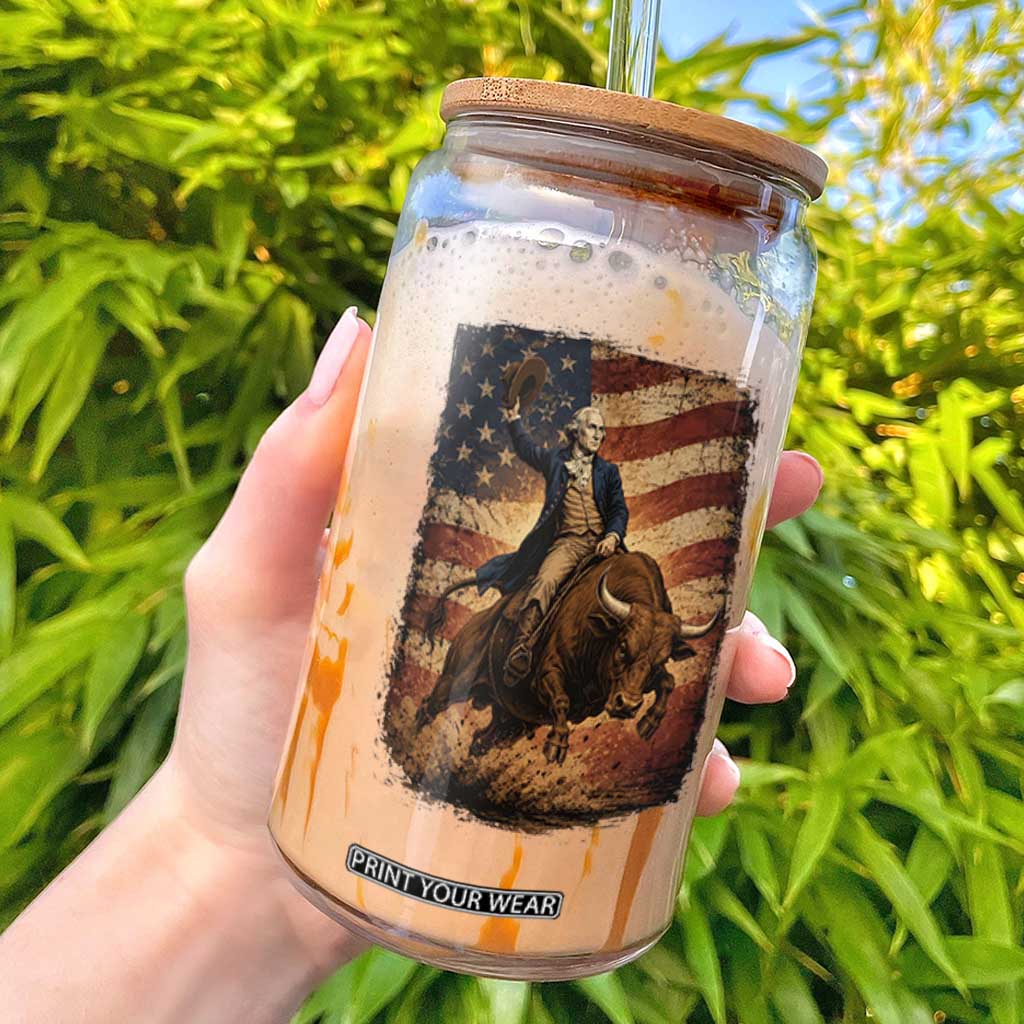George Washington Bull Rider Glass Can Vintage Patriotic Cowboy USA Flag Rodeo Gift