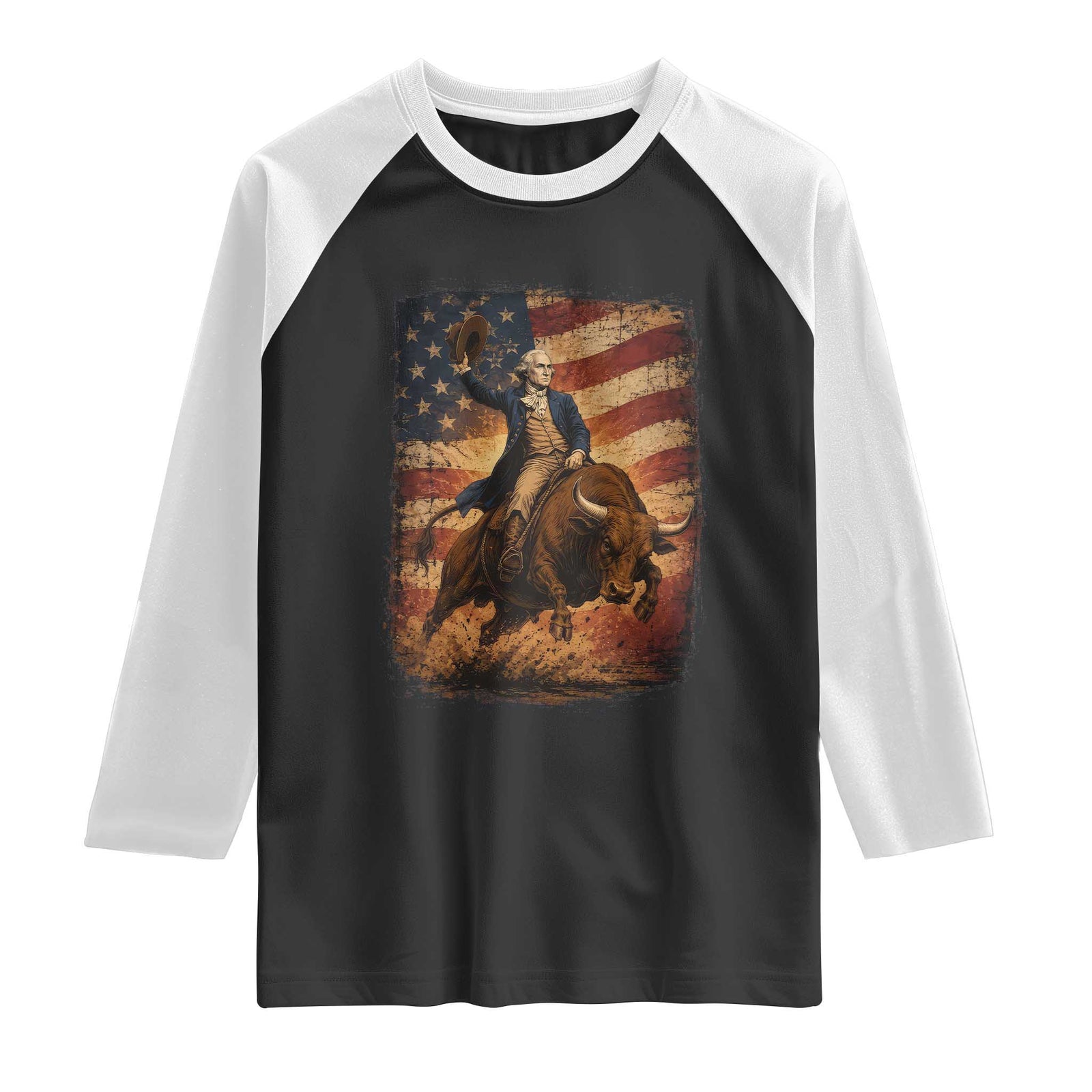 George Washington Bull Rider Raglan Shirt Vintage Patriotic Cowboy USA Flag Rodeo Gift