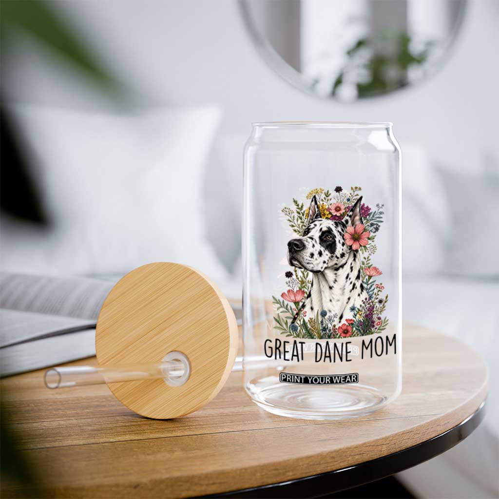 Great Dane Mom Botanical Floral Glass Can Harlequin Canine Lover