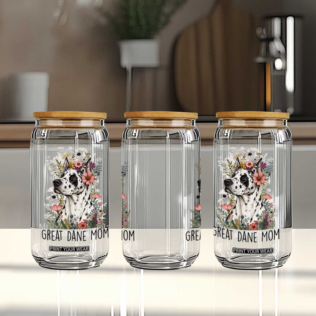 Great Dane Mom Botanical Floral Glass Can Harlequin Canine Lover