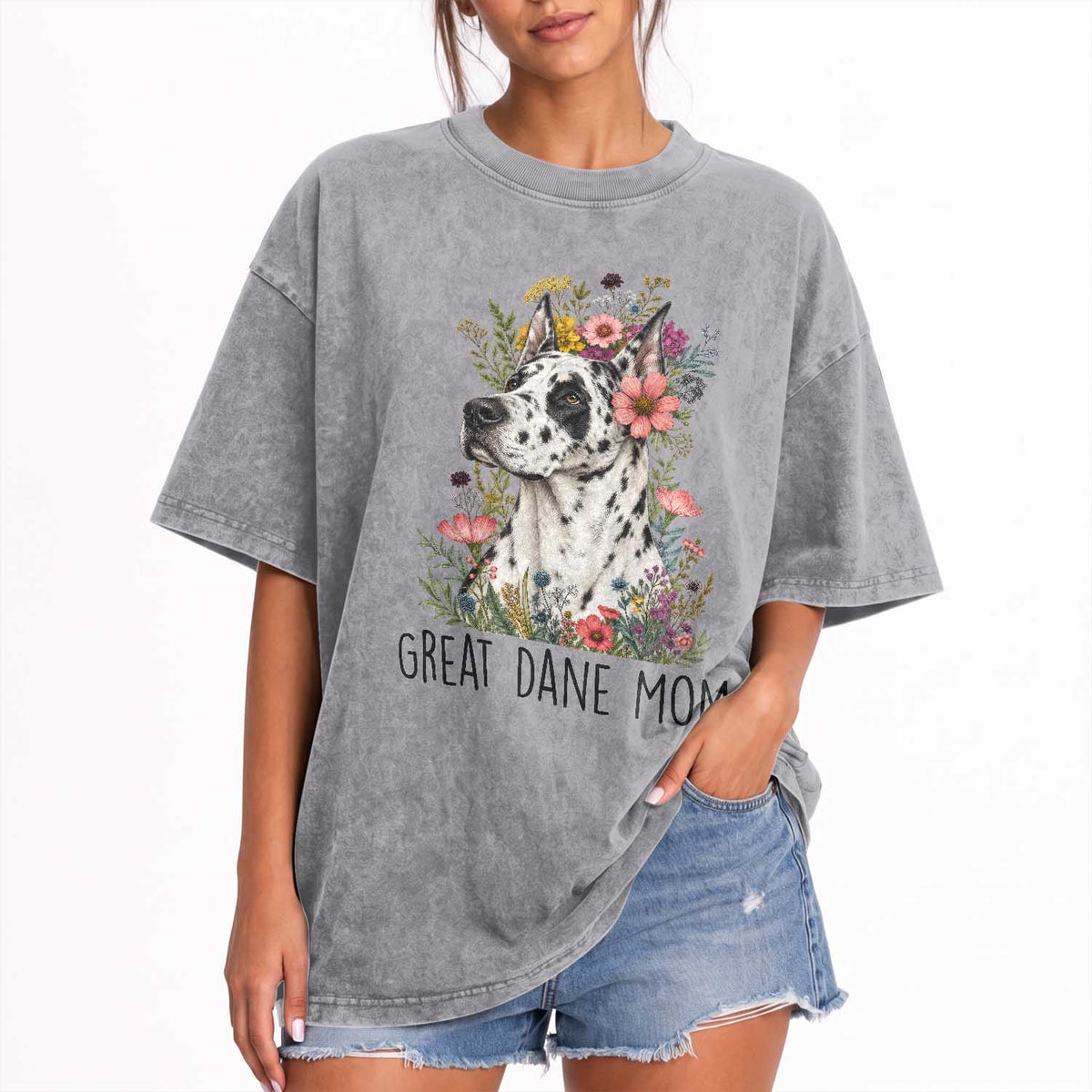 Great Dane Mom Botanical Floral Washed Cotton T-Shirt Harlequin Canine Lover
