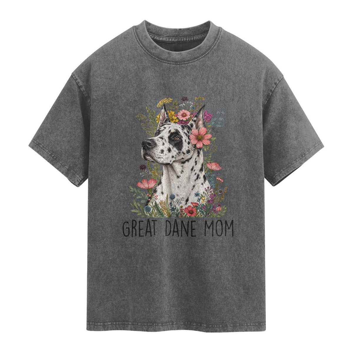 Great Dane Mom Botanical Floral Washed Cotton T-Shirt Harlequin Canine Lover