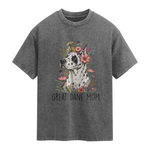 Great Dane Mom Botanical Floral Washed Cotton T-Shirt Harlequin Canine Lover