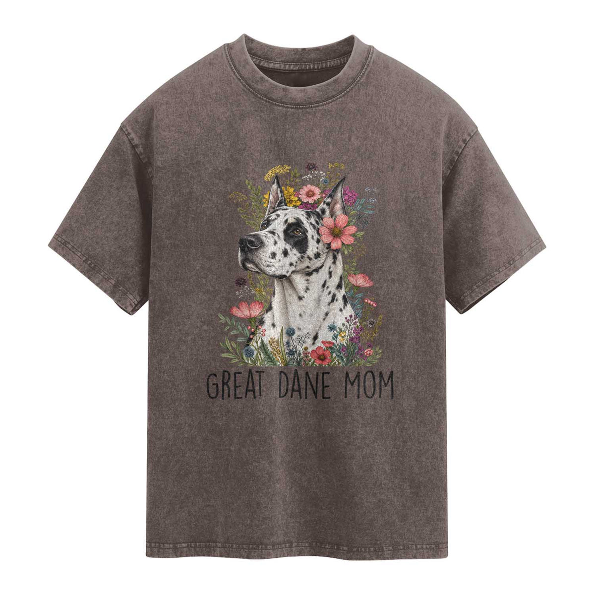 Great Dane Mom Botanical Floral Washed Cotton T-Shirt Harlequin Canine Lover