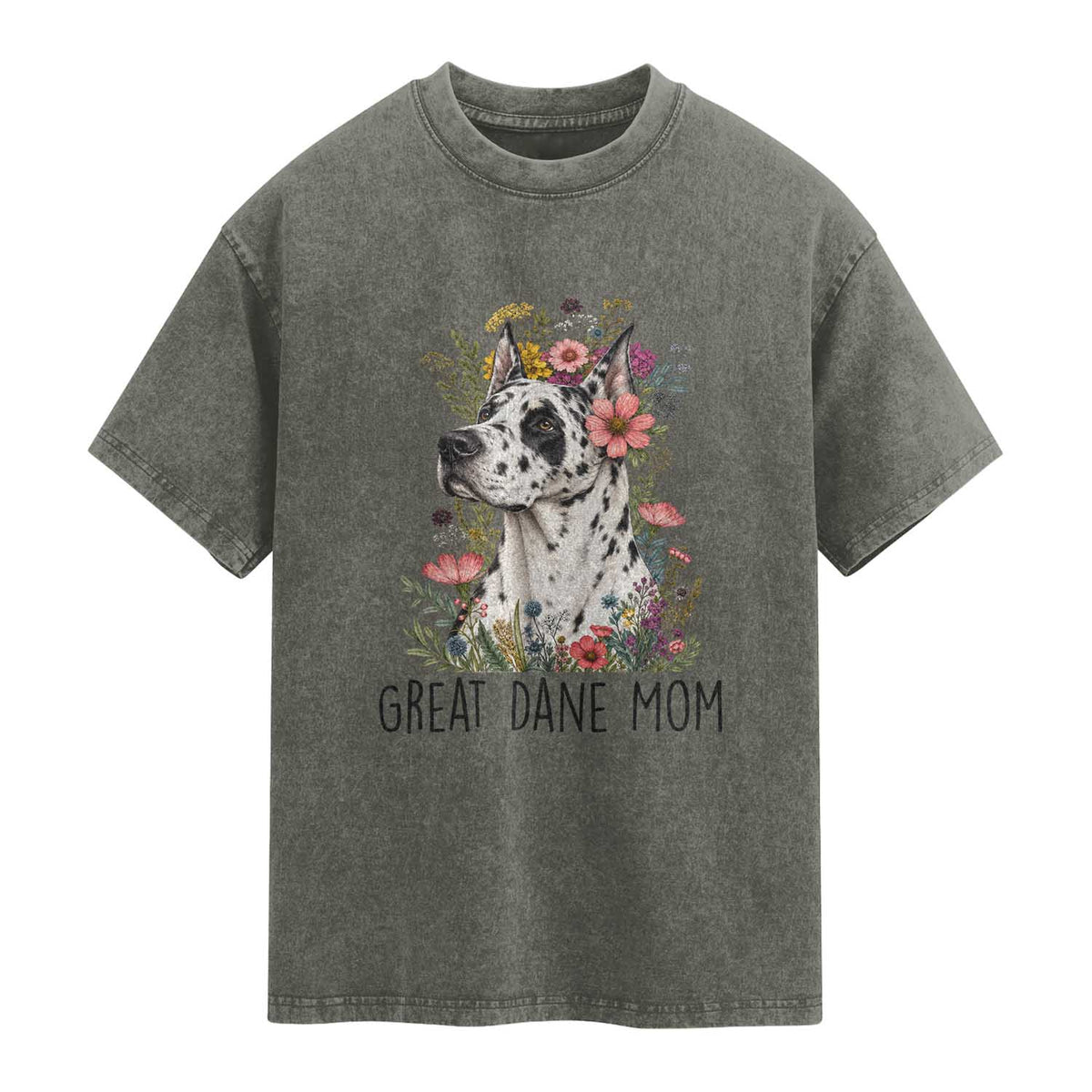 Great Dane Mom Botanical Floral Washed Cotton T-Shirt Harlequin Canine Lover