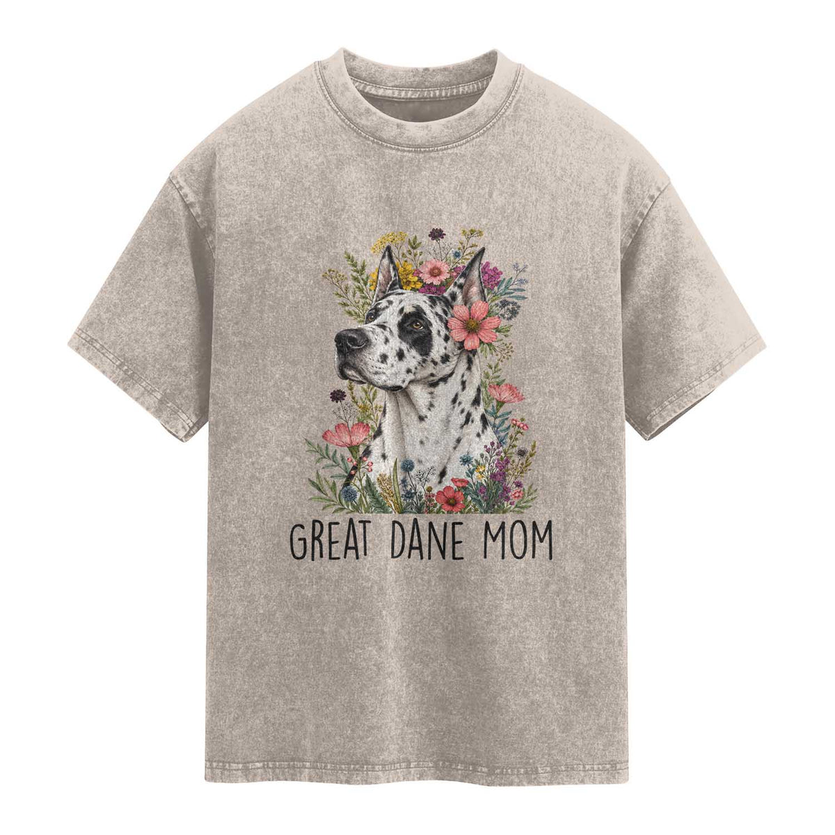 Great Dane Mom Botanical Floral Washed Cotton T-Shirt Harlequin Canine Lover