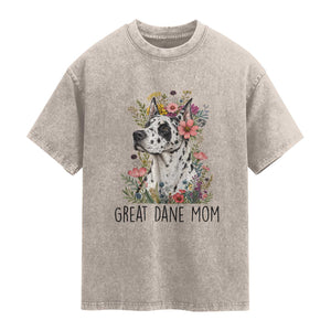 Great Dane Mom Botanical Floral Washed Cotton T-Shirt Harlequin Canine Lover