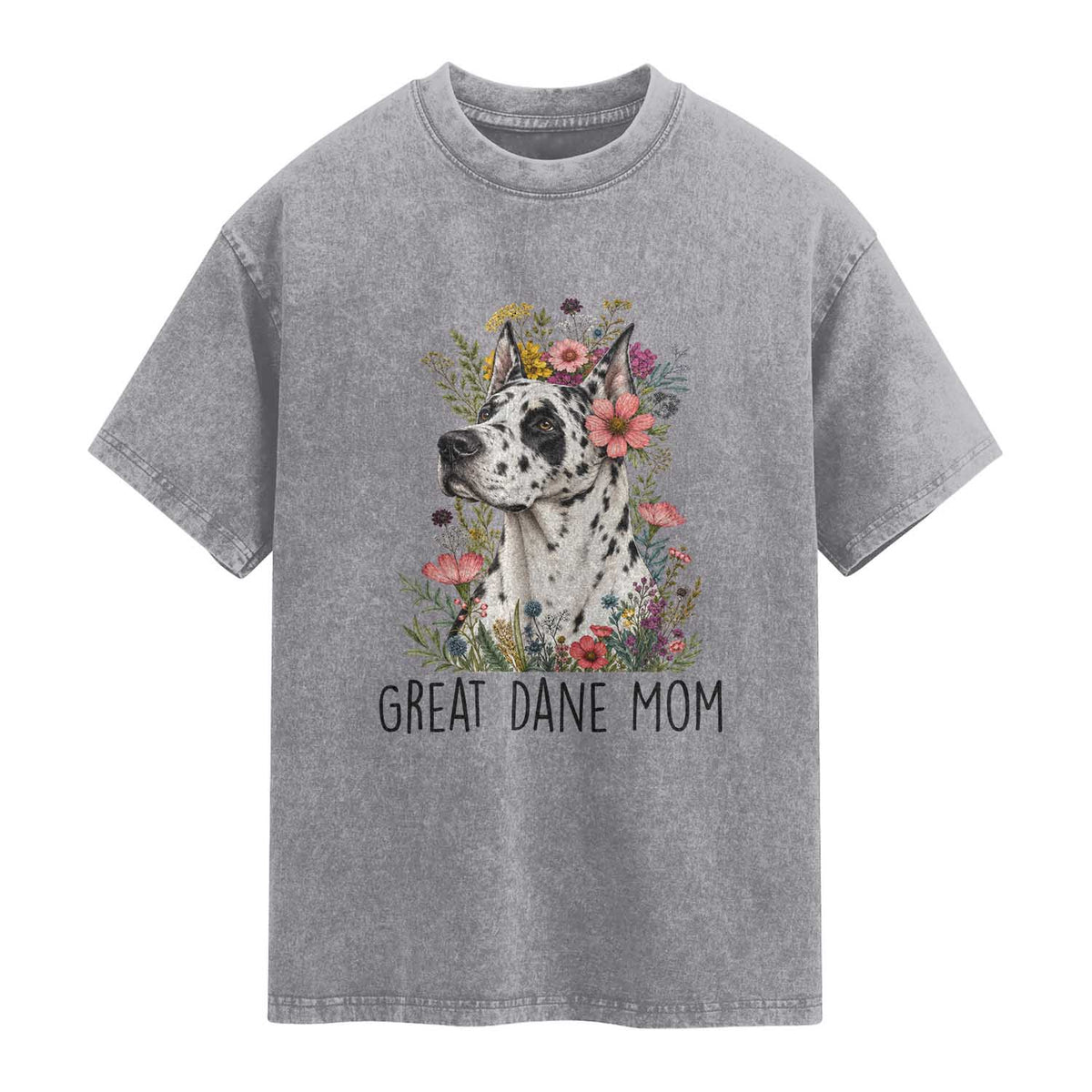 Great Dane Mom Botanical Floral Washed Cotton T-Shirt Harlequin Canine Lover