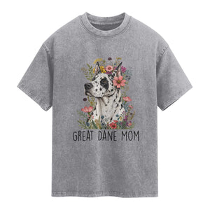 Great Dane Mom Botanical Floral Washed Cotton T-Shirt Harlequin Canine Lover