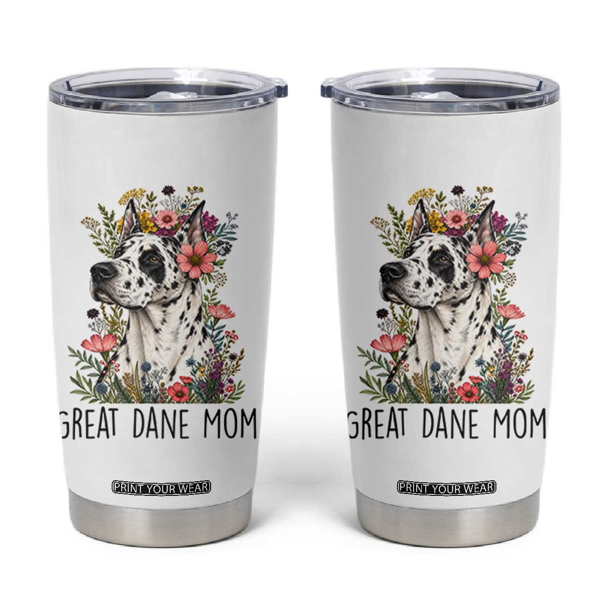 Great Dane Mom Botanical Floral Tumbler Cup Harlequin Canine Lover